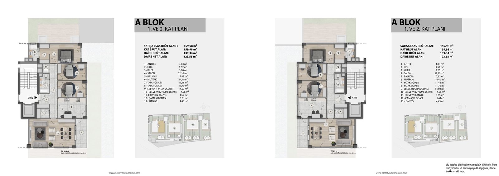 A Blok 1. ve 2. Kat Planı